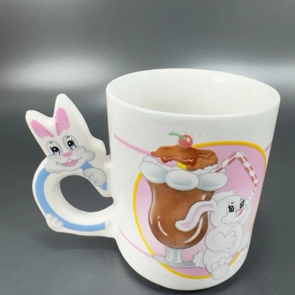 1980s Mug Cup Kitsch Colorful Bunny Rabbit Drinking Float Ceramic Mugs Cups Set2